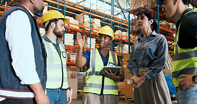 Buy stock photo People, talking and meeting with tablet in warehouse for inspection, logistics and inventory checklist. Team, pointing and digital for schedule update, quality assurance and planning for distribution