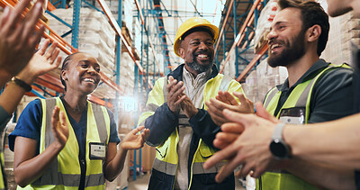 Buy stock photo Happy, business people and meeting with applause for winning, achievement or success in warehouse. Excited, group or employees clapping with smile, team or logistics in storage depot for supply chain