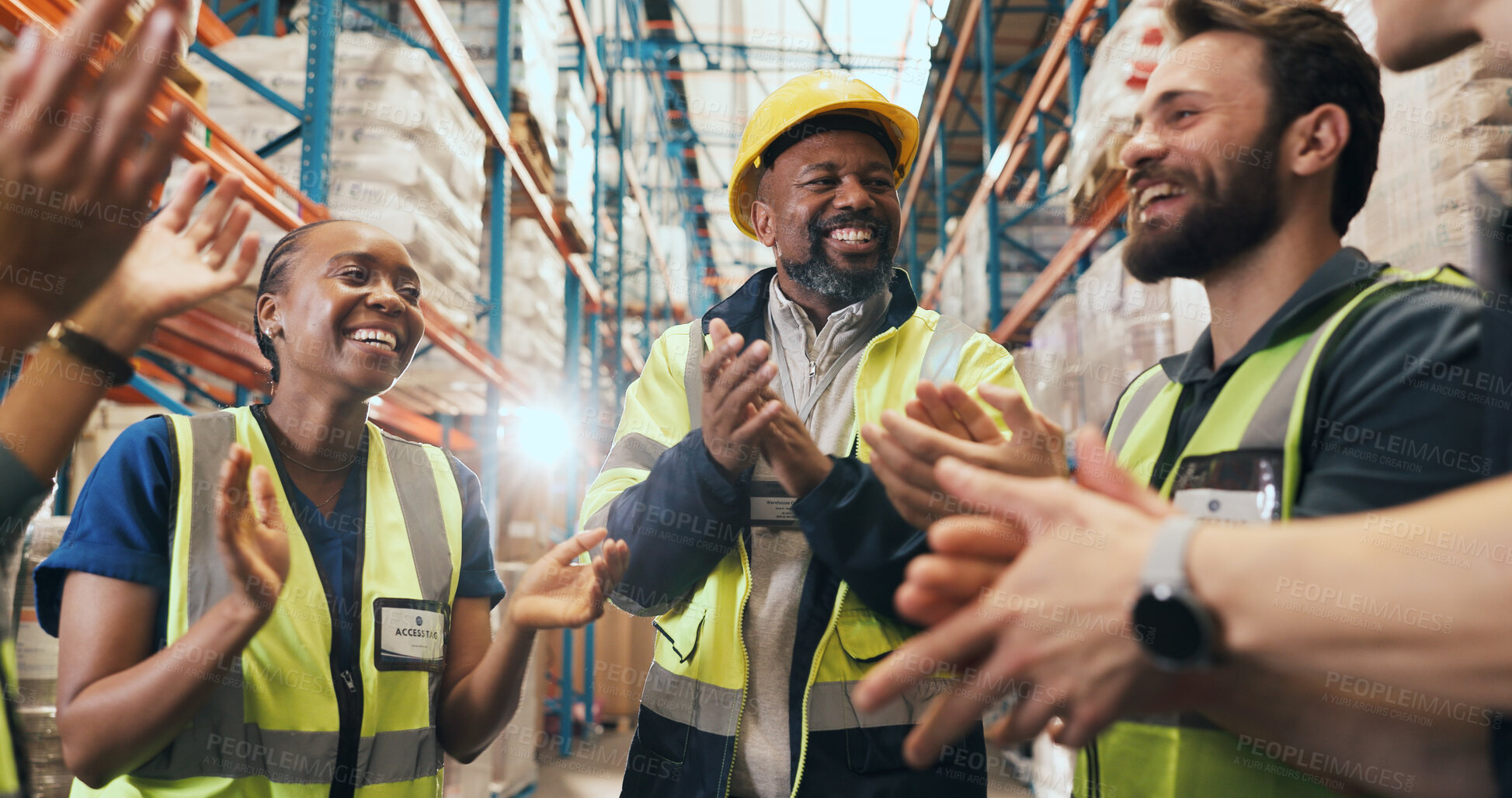 Buy stock photo Happy, business people and meeting with applause for winning, achievement or success in warehouse. Excited, group or employees clapping with smile, team or logistics in storage depot for supply chain
