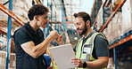Logistics, fist bump or men in depot with clipboard, motivation or solidarity in inventory management. Support, stock review or supplier with checklist, encouragement or collaboration in supply chain