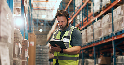 Buy stock photo Logistics, tablet and man in warehouse with inspection for stock control, inventory and records. Tech, distribution and person with barcode reader for storage update, shipping and order or flare