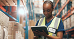 Logistics, tablet and black woman in warehouse with inspection for stock control, inventory and records. Tech, distribution and person with schedule for storage update, shipping and order or flare