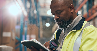Buy stock photo Logistics, tablet and black man in warehouse with scanner for stock control, inventory and records. Tech, distribution and person with barcode reader for storage update, shipping and order or flare
