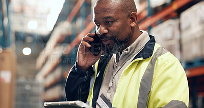 Buy stock photo Logistics, tablet and black man in warehouse with phone call for stock control, inventory and records. Tech, distribution and person with conversation for storage update, shipping and order or bokeh