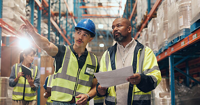 Buy stock photo Businessman, pointing and boxes with checklist for logistics or improvement together in warehouse. Male person, contractor or showing manager with idea for storage maintenance or expansion in depot