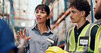 Logistics, team or supervisor with warehouse talk for service delivery, stock control or workflow. People, storage operator or staff meeting with update for order distribution, shipping or compliance