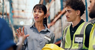 Buy stock photo Logistics, team or supervisor with warehouse talk for service delivery, stock control or workflow. People, storage operator or staff meeting with update for order distribution, shipping or compliance