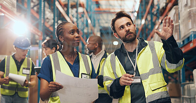 Buy stock photo Business people, pointing and boxes with blueprint for warehouse construction or improvement together. Man, woman or contractor showing suggestion with idea for storage expansion or growth in depot