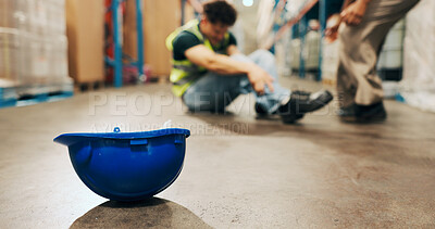 Buy stock photo Logistics, helmet and employee with injury in warehouse, hurt and stock distribution or supply chain. Shipping, loader and person with muscle tension, workplace accident and safety risk in factory
