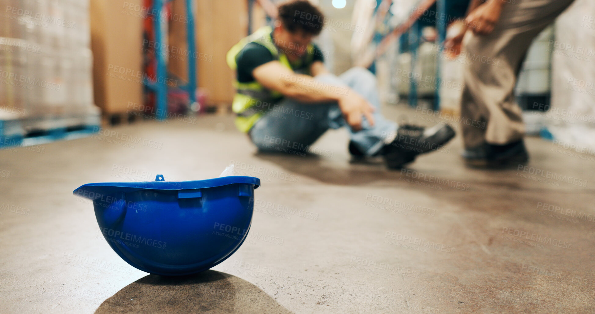 Buy stock photo Logistics, helmet and employee with injury in warehouse, hurt and stock distribution or supply chain. Shipping, loader and person with muscle tension, workplace accident and safety risk in factory