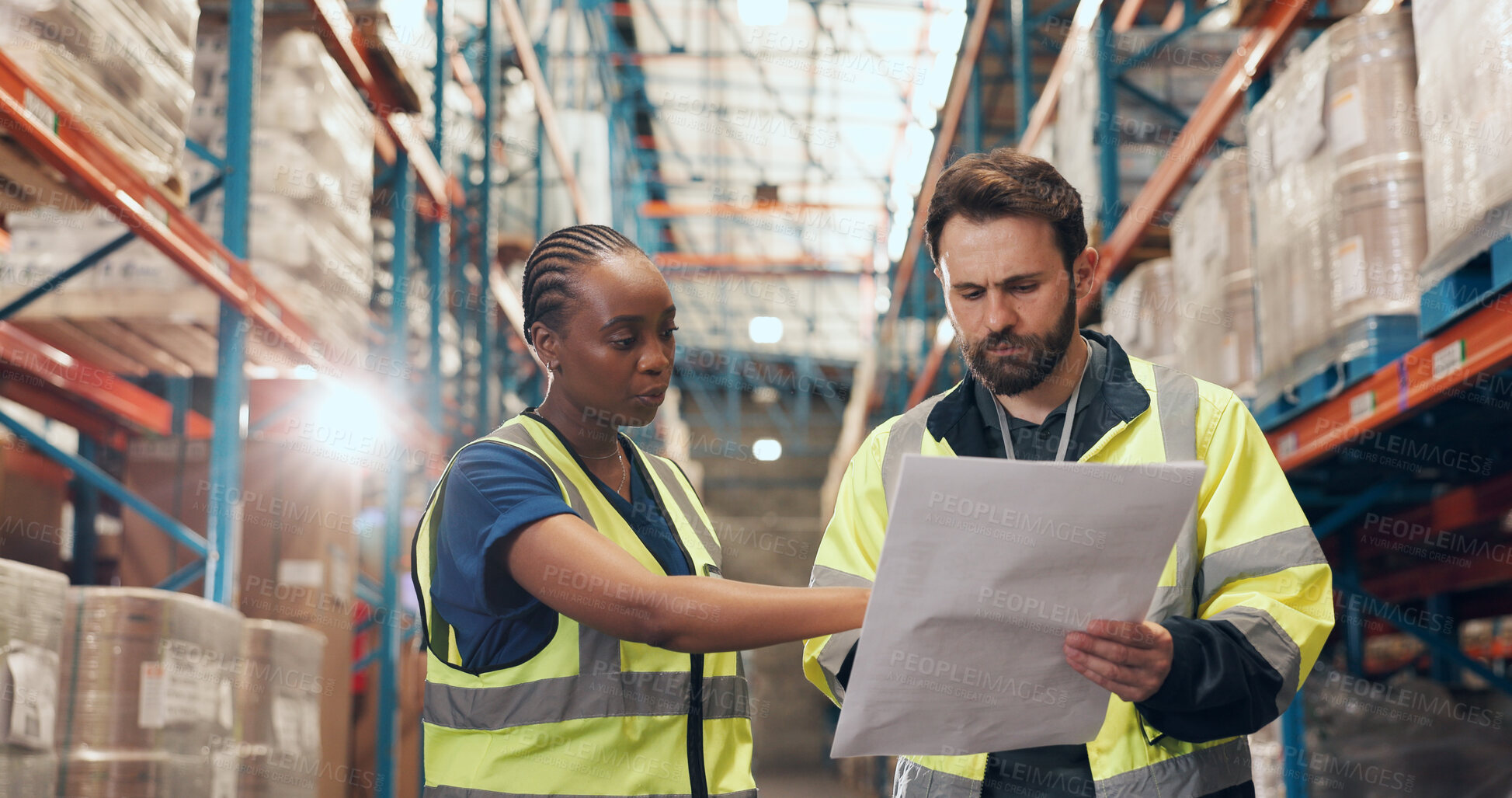 Buy stock photo Supply chain, paper and people in warehouse, talking and planning for export, feedback, and distribution. Employees, collaboration or inspection in factory, meeting or import schedule for logistics