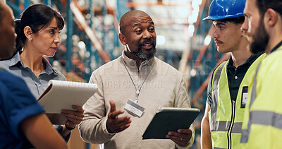 Buy stock photo Logistics, team or supervisor planning with tablet for service delivery, storage control or inspection. People, warehouse inspector and staff meeting with tech for order update, shipping and feedback