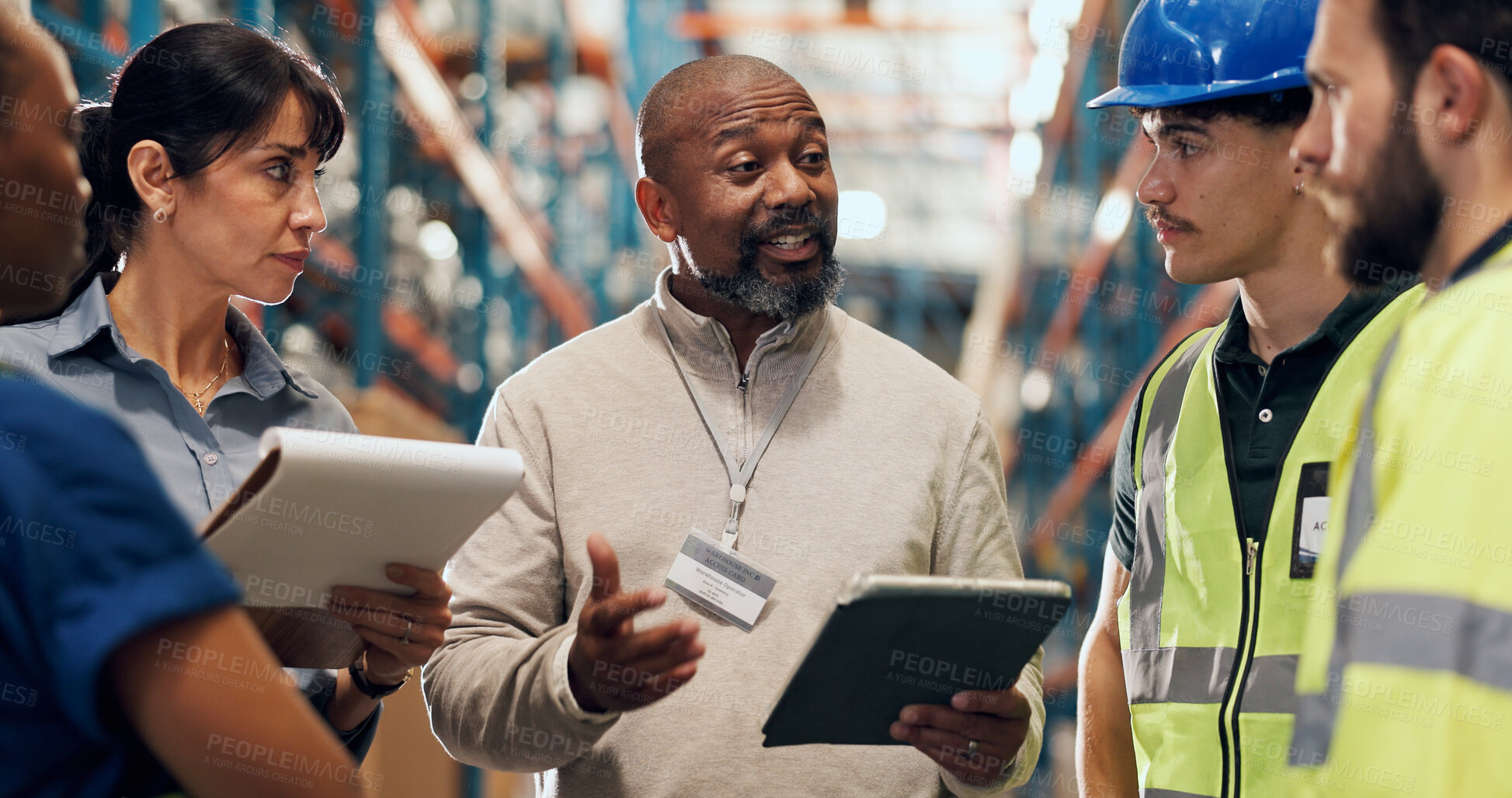 Buy stock photo Logistics, team or supervisor planning with tablet for service delivery, storage control or inspection. People, warehouse inspector and staff meeting with tech for order update, shipping and feedback