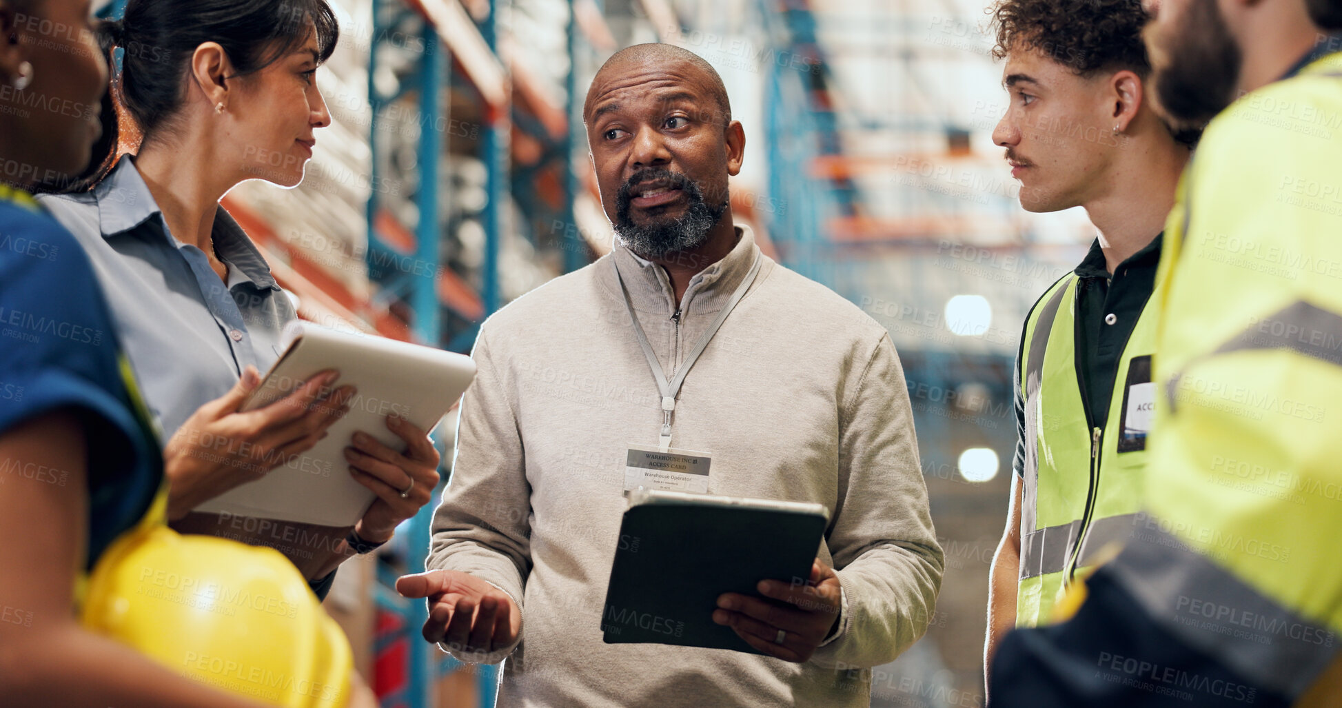 Buy stock photo Logistics, team and manager planning with tablet for service delivery, storage control or inspection. People, warehouse operator and staff meeting with tech for order distribution, shipping or update