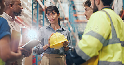 Buy stock photo Logistics, team and safety meeting with helmet for PPE compliance, injury prevention and flare. People, warehouse supervisor and discussion with hardhat for OSHA regulations, hazard reporting or risk
