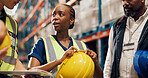Logistics, meeting and people in warehouse with supervisor for stock control, inventory and records. Tech, distribution and team with helmet for storage update, shipping and PPE safety for order