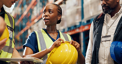 Buy stock photo Logistics, meeting and people in warehouse with supervisor for stock control, inventory and records. Tech, distribution and team with helmet for storage update, shipping and PPE safety for order