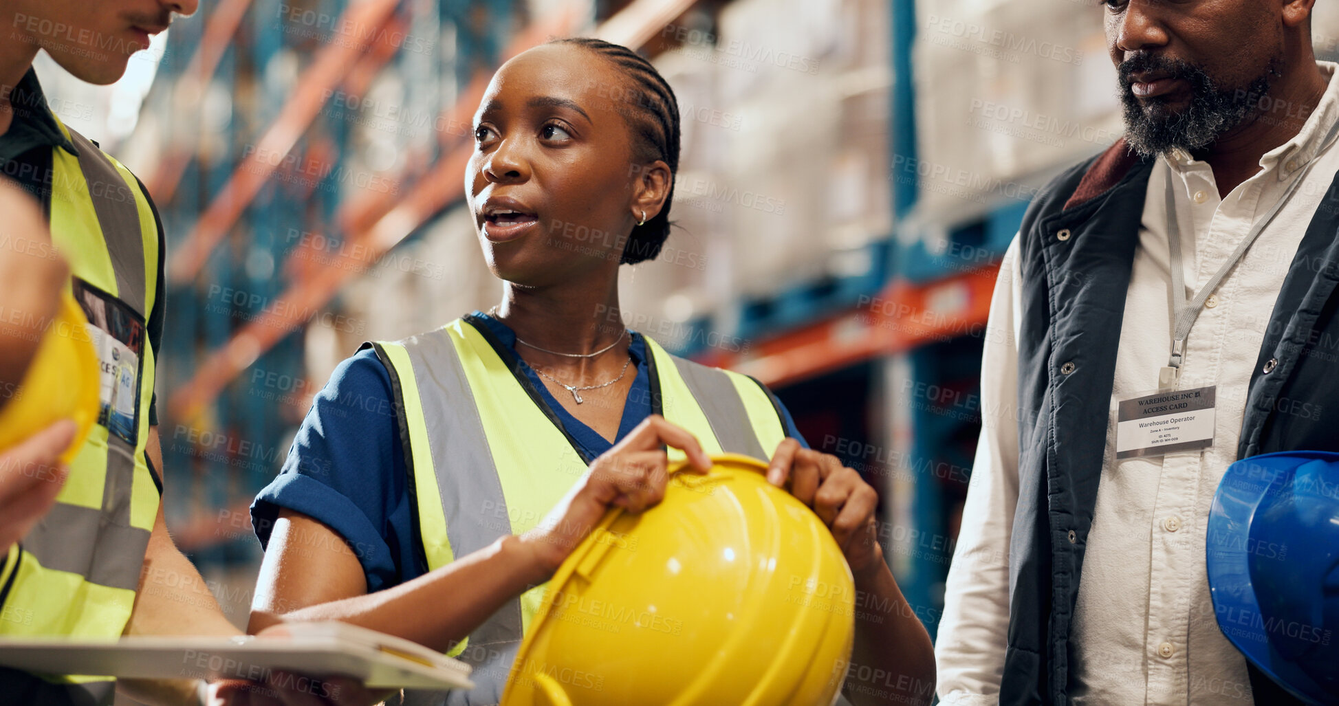 Buy stock photo Logistics, meeting and people in warehouse with supervisor for stock control, inventory and records. Tech, distribution and team with helmet for storage update, shipping and PPE safety for order