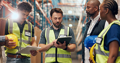 Buy stock photo Logistics, meeting and man in warehouse with tablet for stock control, inventory and records. Tech, distribution and team with supervisor for storage update, shipping and safety inspection for order