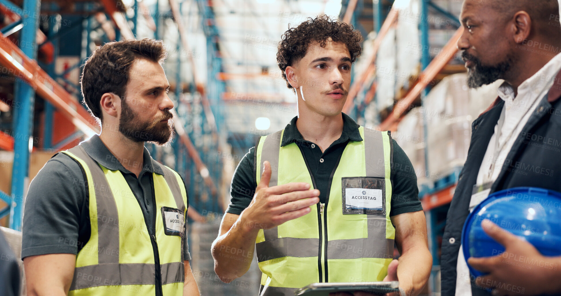 Buy stock photo Logistics, team or supervisor planning with tablet for service delivery, stock control or workflow. Men, warehouse operator and staff meeting with tech for order distribution, shipping and compliance