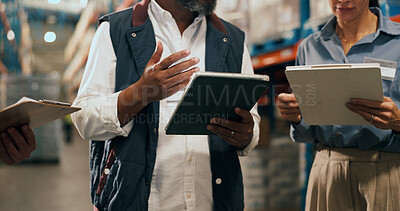 Buy stock photo Logistics, tablet and hands of people in warehouse, export schedule discussion and workflow coordination. Shipment update, planning or team with tech for inventory status, delegation or delivery info