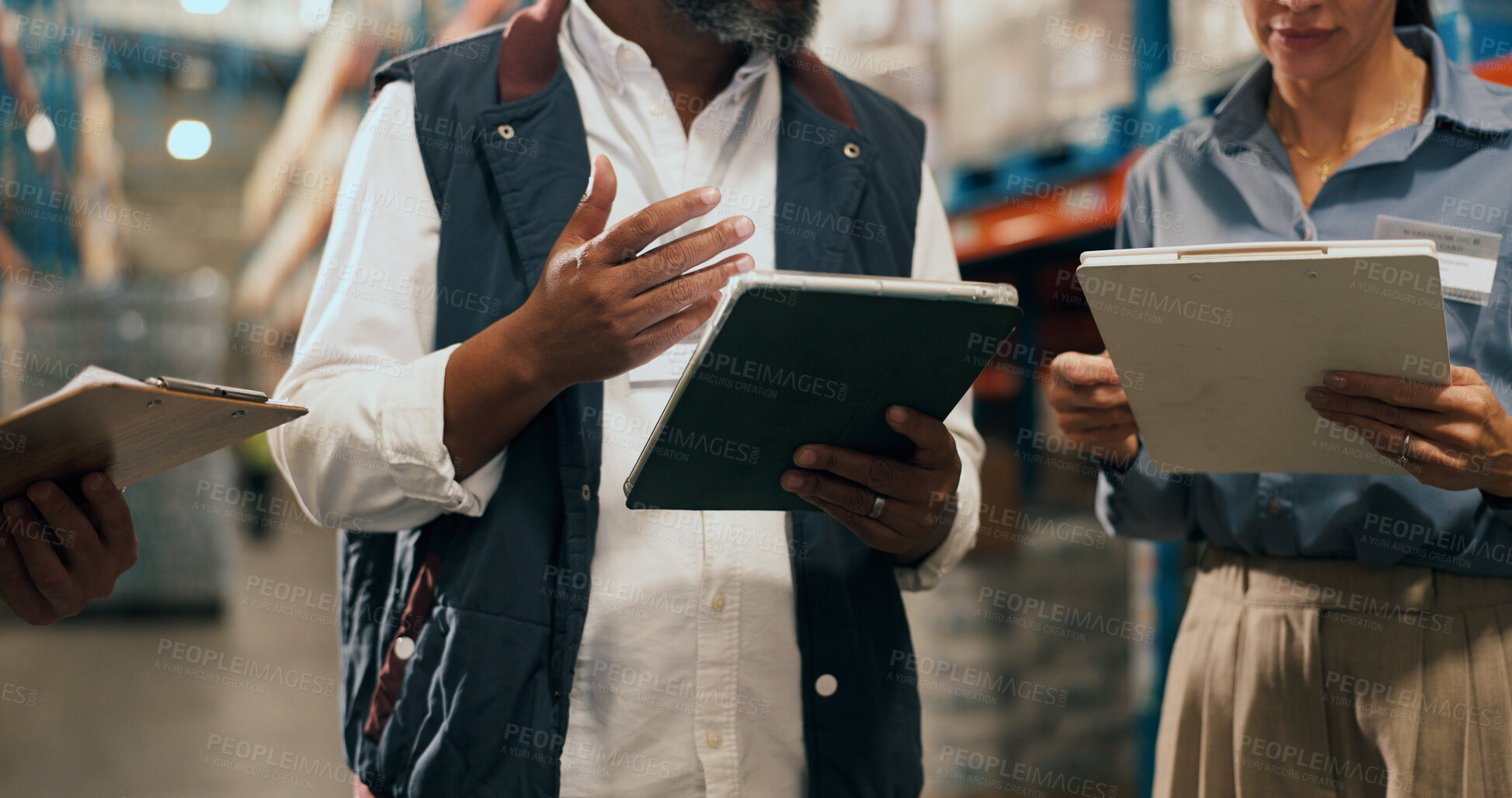 Buy stock photo Logistics, tablet and hands of people in warehouse, export schedule discussion and workflow coordination. Shipment update, planning or team with tech for inventory status, delegation or delivery info