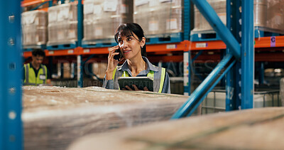 Buy stock photo Woman, phone call and tablet at warehouse for logistics with talk, schedule or inventory management at shelf. Person, tech and smartphone with checklist, application and supply chain at storage plant