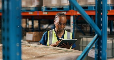Buy stock photo Black woman, scanner and tablet at warehouse for logistics, schedule and inventory management. Person, tech and review with checklist, application or distribution with supply chain at storage plant