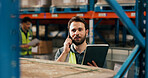 Man, phone call and tablet at warehouse for logistics with talk, schedule and inventory management at shelf. Person, tech and discussion with checklist, application and supply chain at storage plant