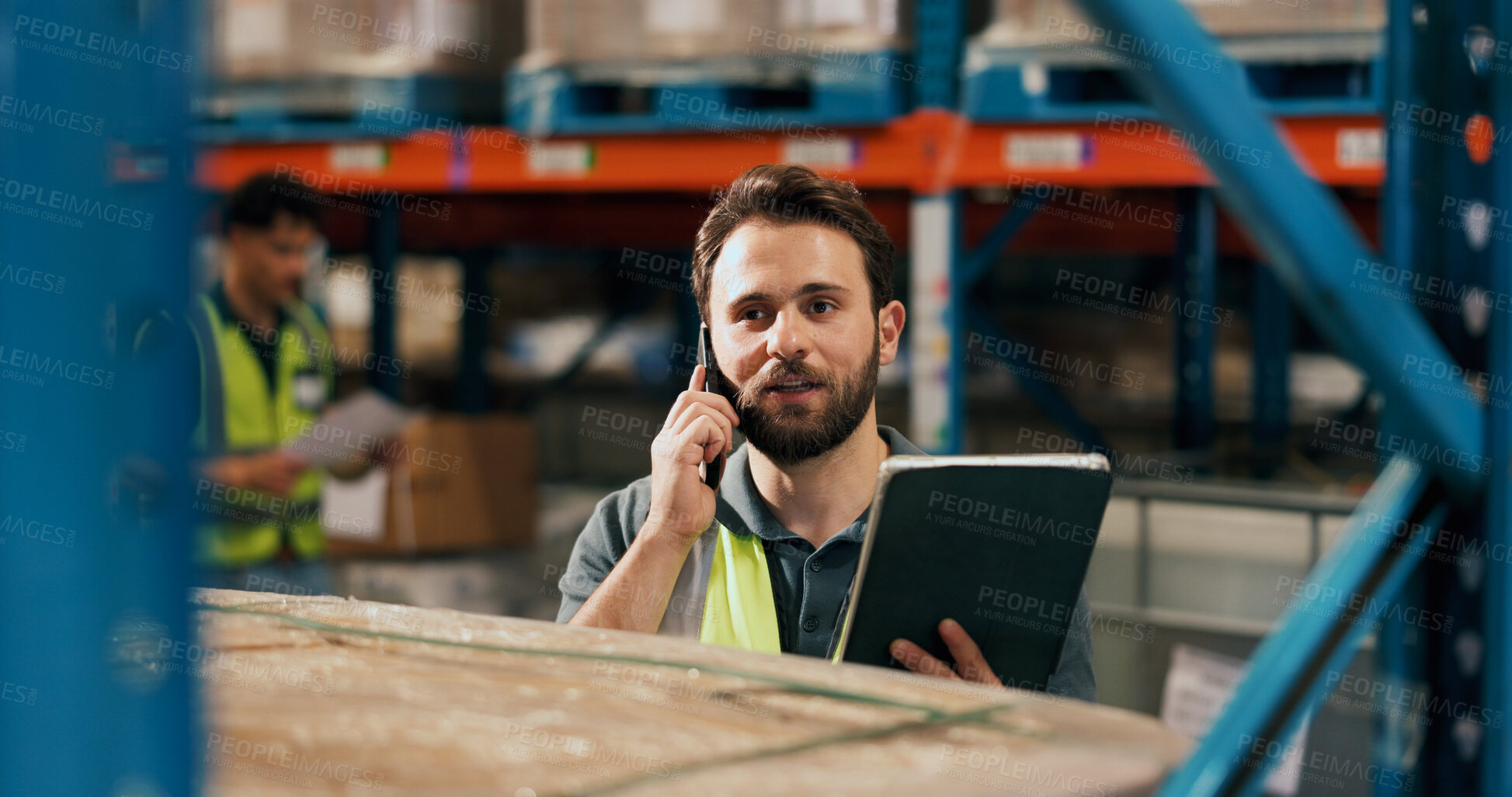 Buy stock photo Man, phone call and tablet at warehouse for logistics with talk, schedule and inventory management at shelf. Person, tech and discussion with checklist, application and supply chain at storage plant