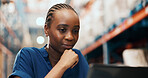 Black woman, laptop and review at warehouse for logistics for shipping, schedule or insight for inventory management. Person, pc and checklist for distribution, notes or supply chain at storage plant