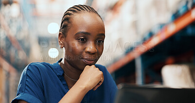Buy stock photo Black woman, laptop and review at warehouse for logistics for shipping, schedule or insight for inventory management. Person, pc and checklist for distribution, notes or supply chain at storage plant