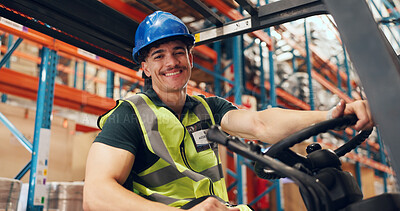 Buy stock photo Logistics, forklift and happy man with portrait in warehouse, supply chain and inventory management. Pride, freight and worker with vehicle for stock distribution, smile and industrial storage depot