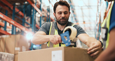 Buy stock photo Man, team and tape at warehouse for boxes with logistics, quality assurance and inventory management. Person, cardboard package and tools for safety, shipping and supply chain job at storage plant
