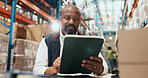Logistics, man and scroll on tablet in warehouse for order tracking, shipping status or distribution. Supply chain, mature manager or tech for stock control, delivery schedule or inventory management