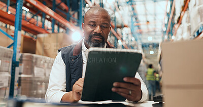 Buy stock photo Logistics, man and scroll on tablet in warehouse for order tracking, shipping status or distribution. Supply chain, mature manager or tech for stock control, delivery schedule or inventory management