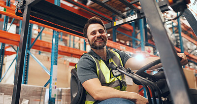 Buy stock photo Confidence, forklift and man with portrait in warehouse, industrial logistics and inventory management. Flare, freight industry and worker with vehicle for stock distribution, smile and storage depot