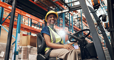 Buy stock photo Logistics, forklift and black woman with portrait in warehouse, supply chain and inventory management. Flare, smile and worker with vehicle for stock distribution, pride and industrial storage depot