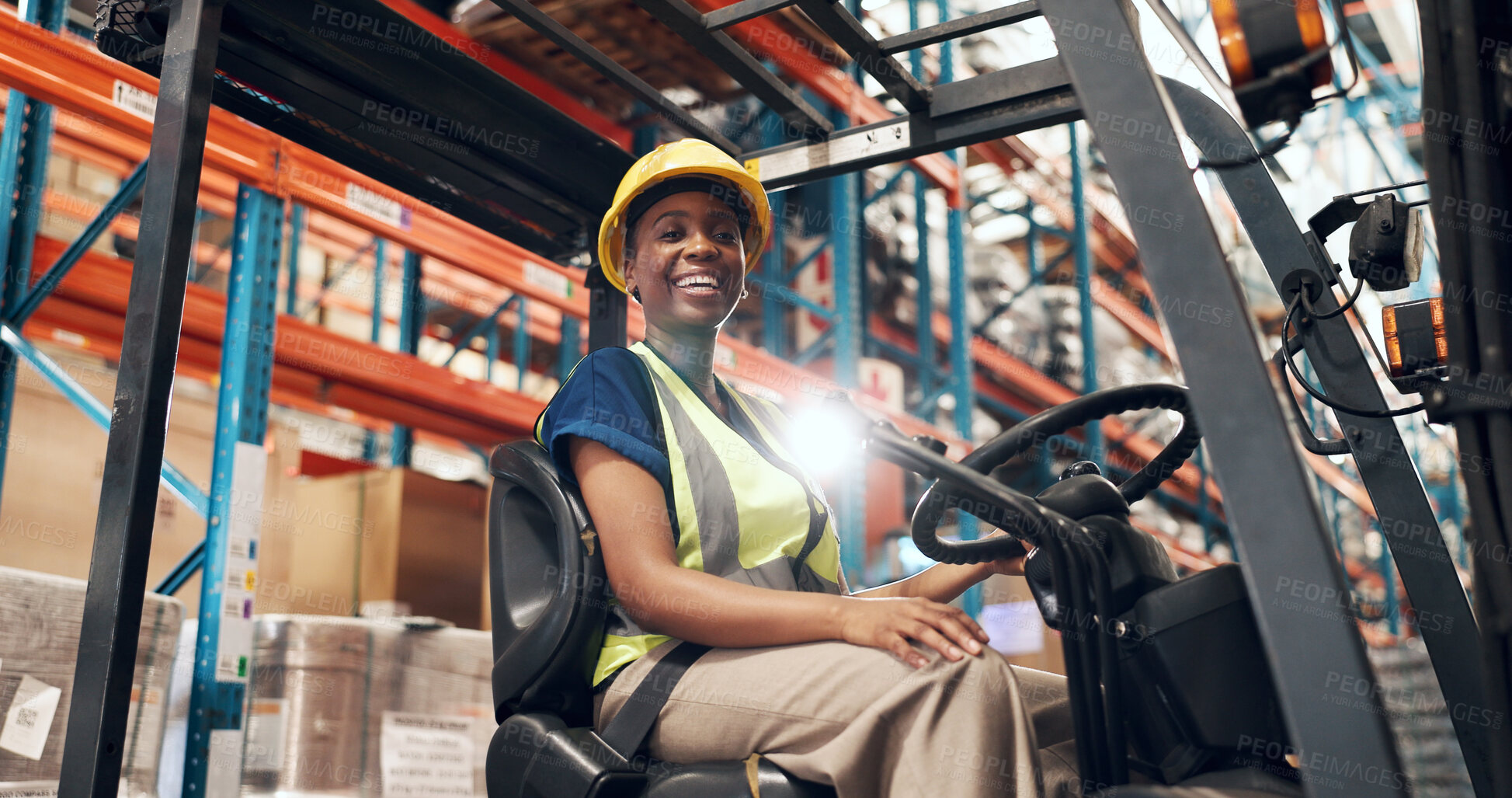 Buy stock photo Logistics, forklift and black woman with portrait in warehouse, supply chain and inventory management. Flare, smile and worker with vehicle for stock distribution, pride and industrial storage depot