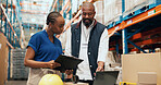 Logistics, clipboard or people with laptop in warehouse, stock import confirmation or storage checklist. Review, supply chain or staff with pc for shipping schedule, inventory management or freight
