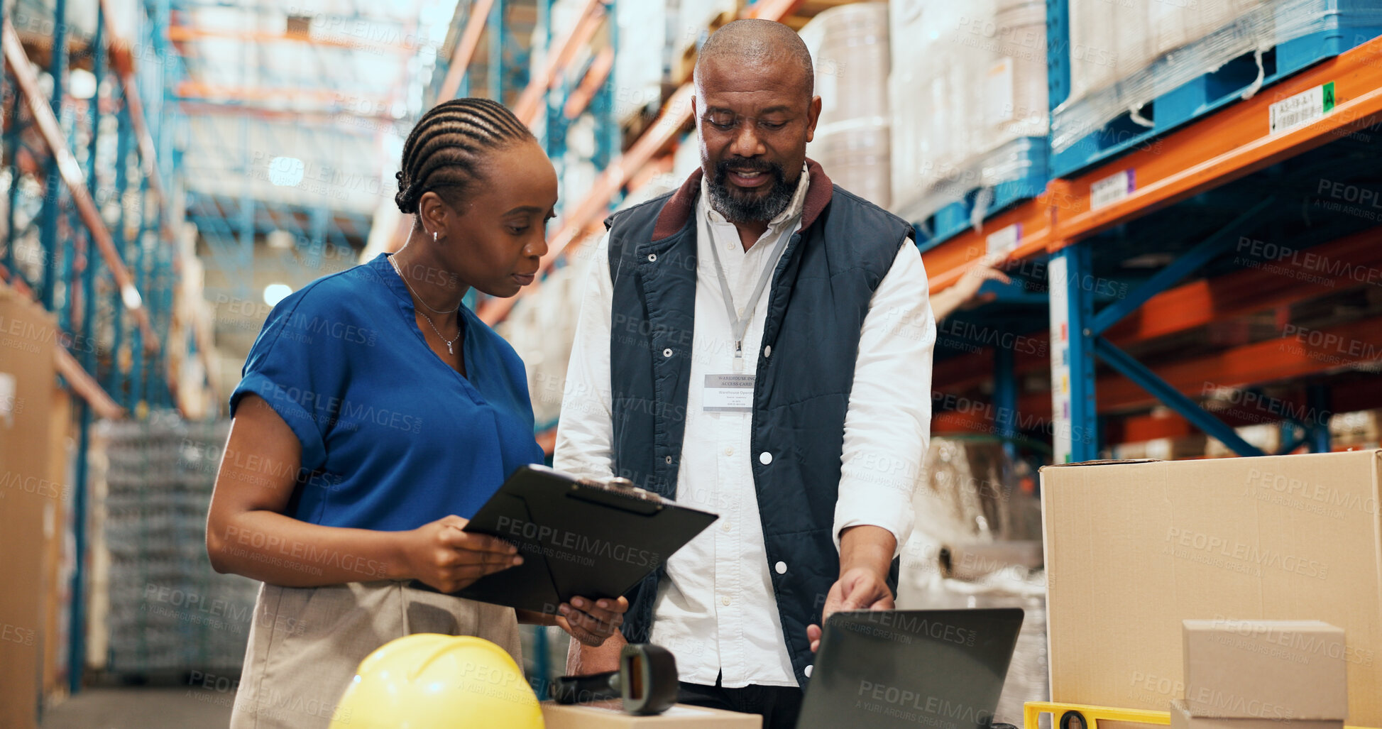 Buy stock photo Logistics, clipboard or people with laptop in warehouse, stock import confirmation or storage checklist. Review, supply chain or African staff with shipping schedule, inventory management or computer