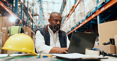 Buy stock photo Shipping, man and typing on laptop in warehouse for order tracking, export status or distribution. Logistics staff, mature manager or tech for stock control, delivery schedule or inventory management