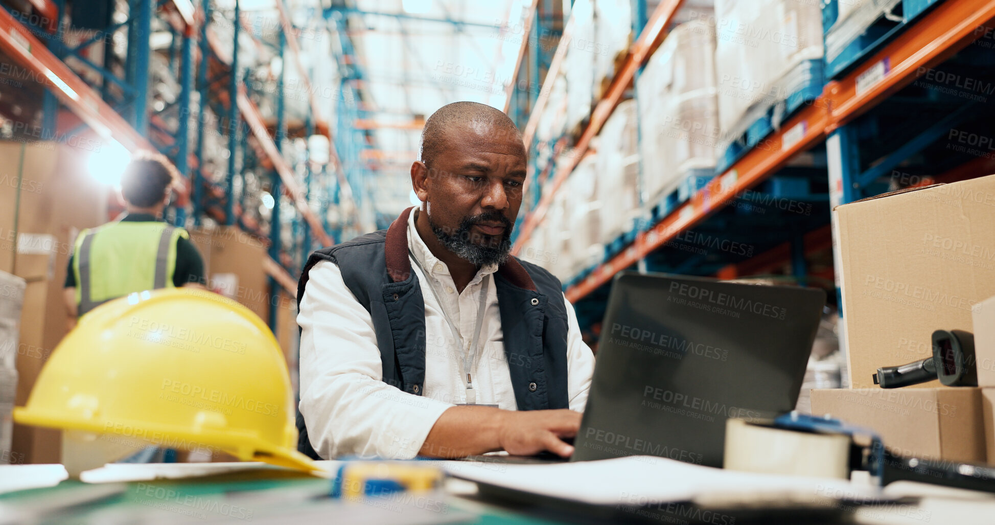 Buy stock photo Shipping, man and typing on laptop in warehouse for order tracking, export status or distribution. Logistics staff, mature manager or tech for stock control, delivery schedule or inventory management