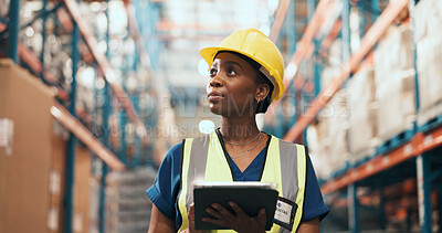 Buy stock photo Black woman, tablet and thinking at warehouse for logistics with notes, app or inventory management at shelf. Person, tech and helmet for supply chain, checklist and inspection at storage plant