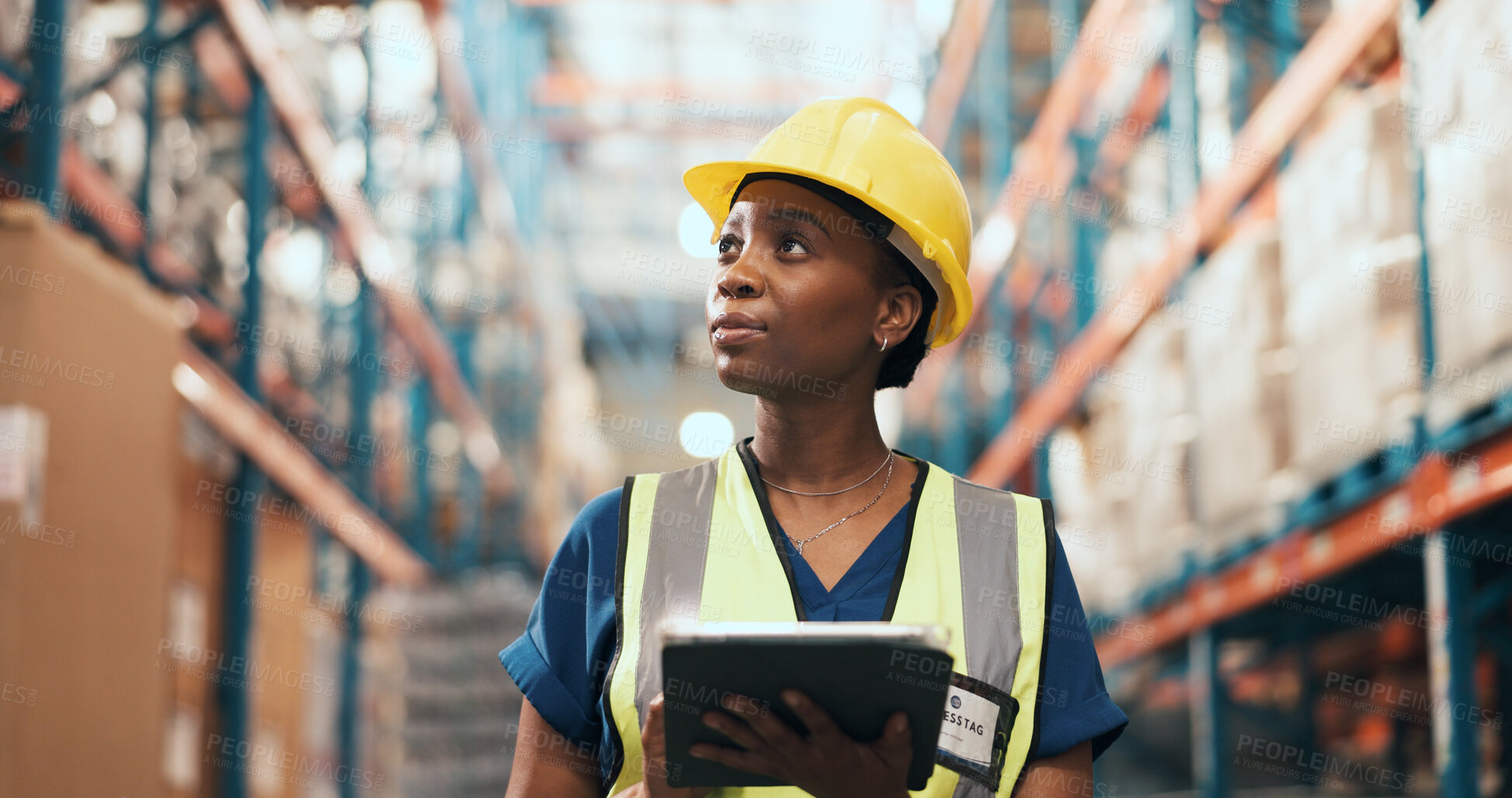 Buy stock photo Black woman, tablet and thinking at warehouse for logistics with notes, app or inventory management at shelf. Person, tech and helmet for supply chain, checklist and inspection at storage plant