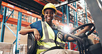 Portrait, forklift and black woman with confidence in warehouse, supply chain and inventory management. Flare, freight and happy worker with machine for stock distribution, logistics or storage depot