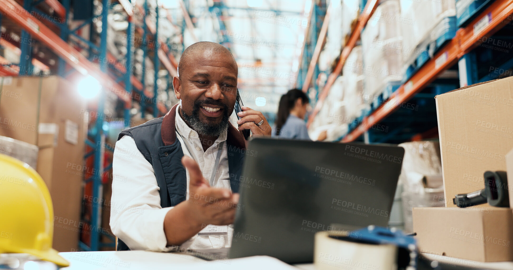 Buy stock photo Man, phone call and laptop at warehouse for logistics with talk, schedule or review for inventory management. Person, happy and smartphone with checklist, computer and supply chain at storage plant
