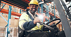 Logistics, forklift and black man with portrait in warehouse, supply chain and inventory management. Flare, shipping industry and worker with vehicle for stock distribution, smile and storage depot