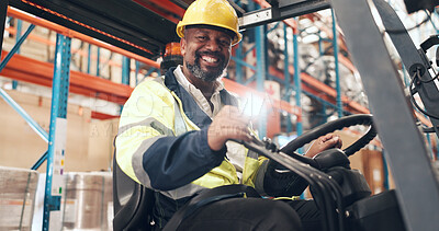 Buy stock photo Logistics, forklift and black man with portrait in warehouse, supply chain and inventory management. Flare, shipping industry and mature worker with vehicle for stock distribution, smile and depot