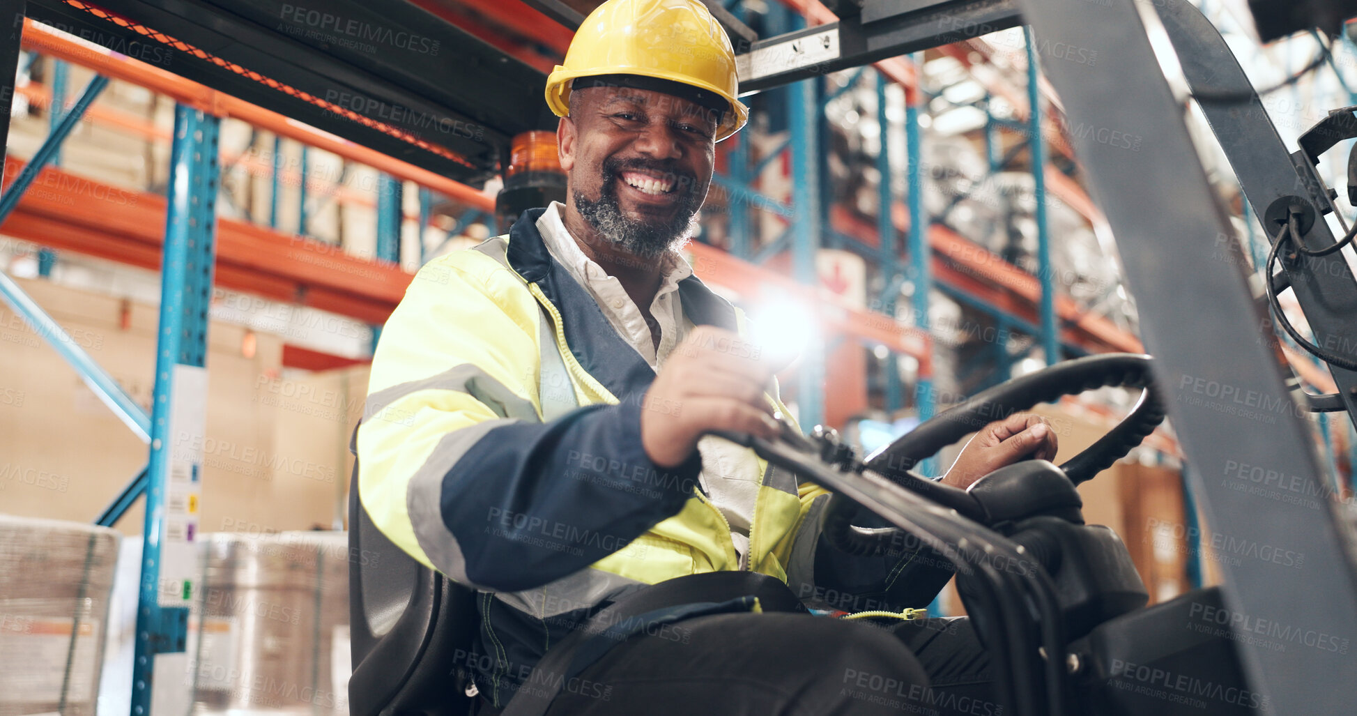 Buy stock photo Logistics, forklift and black man with portrait in warehouse, supply chain and inventory management. Flare, shipping industry and mature worker with vehicle for stock distribution, smile and depot